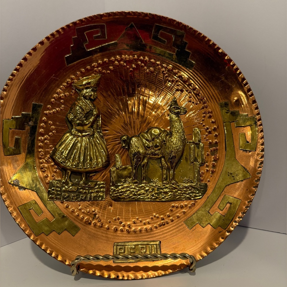 Decorative Copper and Gold Plate with Peruvian Design